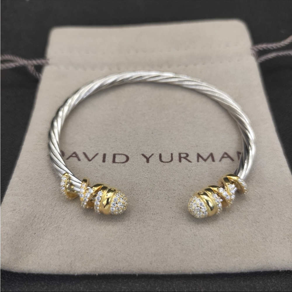 David Yurman Two-Tone Pave Cable Cuff Bracelet - Gold & Silver 4mm